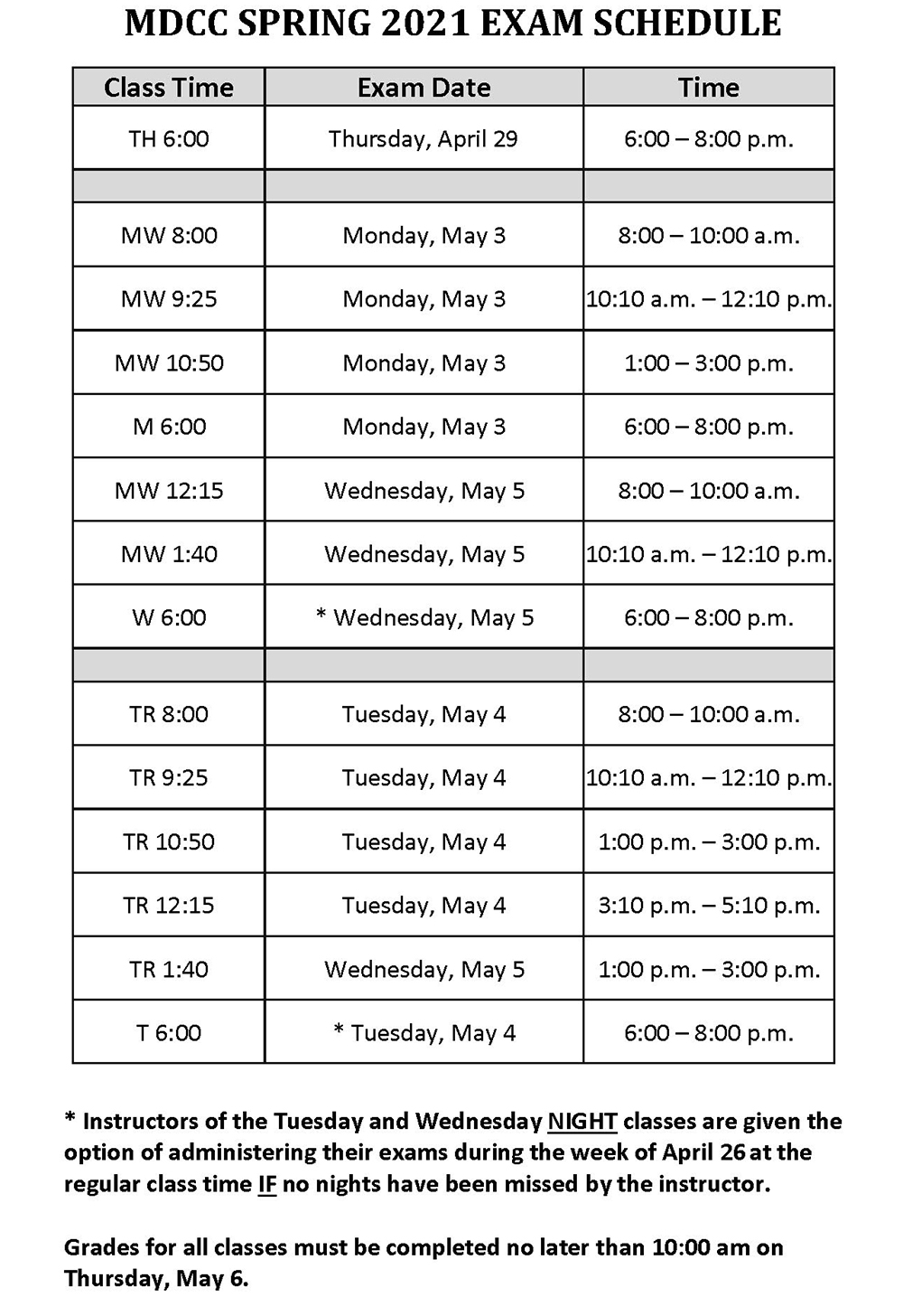 MDCC - Spring 2021 Exam Schedule